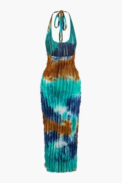 MICAS Maxi Dresses-Sheer Ruffle Texture Halter Backless Maxi Dress