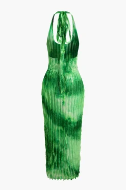 MICAS Maxi Dresses-Sheer Ruffle Texture Halter Backless Maxi Dress