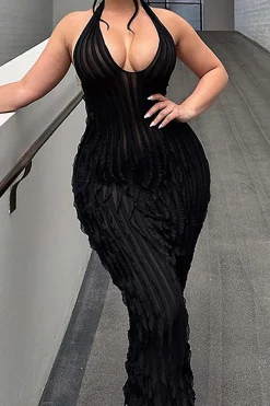 MICAS Maxi Dresses-Sheer Ruffle Texture Halter Backless Maxi Dress