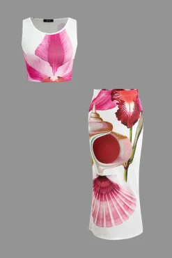 MICAS Skirt Sets-Shell and Floral Print Skirt Set MULTICOLOR