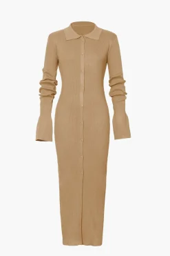 MICAS Long Sleeve Dresses|Maxi Dresses-Shell Sleeve Ribbed Buttons Down Maxi Dress