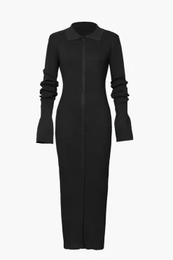 MICAS Long Sleeve Dresses|Maxi Dresses-Shell Sleeve Ribbed Buttons Down Maxi Dress