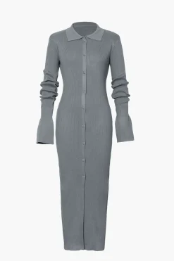 MICAS Long Sleeve Dresses|Maxi Dresses-Shell Sleeve Ribbed Buttons Down Maxi Dress