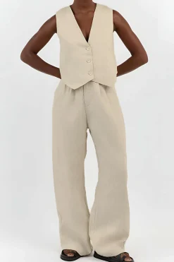 MICAS Pant Sets-Sleeveless Button Vest And Wide Leg Pants Set