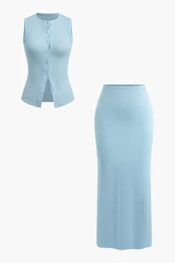 MICAS Skirt Sets|Vacation Sets-Sleeveless Cardigan And Skirt Set