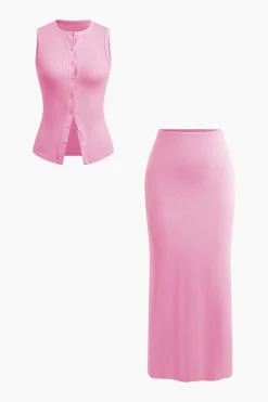 MICAS Skirt Sets|Vacation Sets-Sleeveless Cardigan And Skirt Set