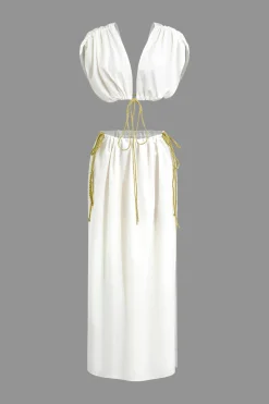 MICAS Skirt Sets-Sleeveless Deep V-Neck Crop Top And Tie Split Maxi Skirt Set WHITE