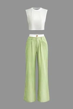 MICAS Pant Sets-Sleeveless Top and Patchwork Loose Pants Set Contrast Color