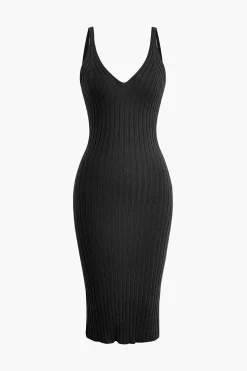 MICAS Knit Dresses-Sleeveless V-Neck Knit Midi Dress