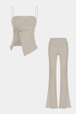 MICAS Pant Sets-Slip Ruched Drawstring Cami Top And Pants Set BEIGE