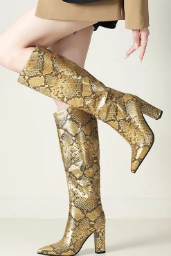 MICAS Shoes|Boots-Snake Pattern Faux Leather Pointed Toe Knee High Boots GOLD