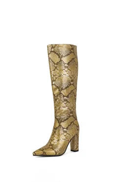 MICAS Shoes|Boots-Snake Pattern Faux Leather Pointed Toe Knee High Boots GOLD