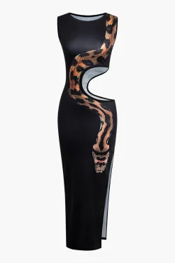 MICAS Maxi Dresses-Snake Print Cut Out Sleeveless Slit Maxi Dress