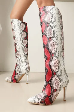 MICAS Shoes|Boots-Snake Skin Faux Leather High Heel Pointed Toe Over The Knee Boots SCARLET