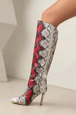 MICAS Shoes|Boots-Snake Skin Faux Leather High Heel Pointed Toe Over The Knee Boots SCARLET