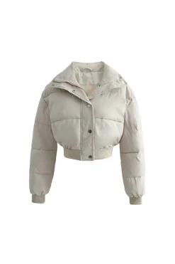 MICAS Outerwear|Outerwear-Solid Button Zipper Puffer Outerwear