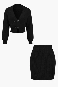 MICAS Knitwear|Knit Sets-Solid Knit Button V-neck Top And Mini Skirt Set