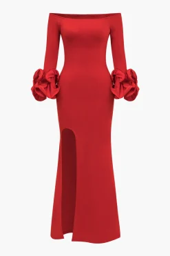 MICAS Long Sleeve Dresses|Maxi Dresses-Solid Off Shoulder Side Slit Maxi Dress CHILI