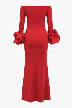 MICAS Long Sleeve Dresses|Maxi Dresses-Solid Off Shoulder Side Slit Maxi Dress CHILI