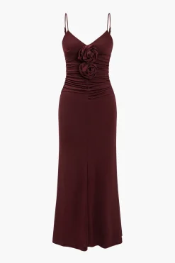 MICAS Midi Dresses-Solid Appliques Ruched Slip Midi Dress BURGUNDY