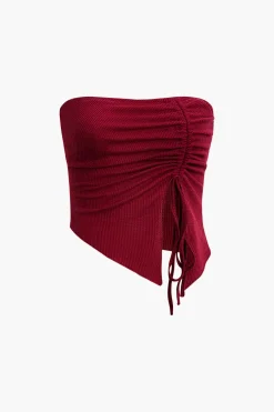 MICAS Tube Tops-Solid Asymmetrical Drawstring Slit Tube Top BURGUNDY