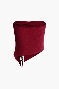 MICAS Tube Tops-Solid Asymmetrical Drawstring Slit Tube Top BURGUNDY