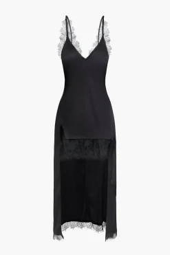 MICAS Maxi Dresses-Solid Asymmetrical Lace V-Neck Maxi Dress BLACK