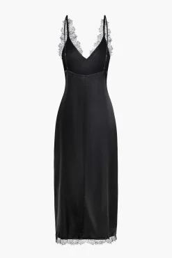 MICAS Maxi Dresses-Solid Asymmetrical Lace V-Neck Maxi Dress BLACK