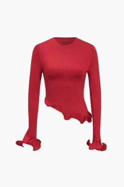 MICAS Long Sleeve Tops|Long Sleeves Tops-Solid Asymmetrical Long-Sleeve Top RED