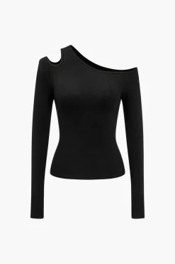 MICAS Long Sleeve Tops|Long Sleeves Tops-Solid Asymmetrical Long-Sleeve Top BLACK