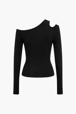 MICAS Long Sleeve Tops|Long Sleeves Tops-Solid Asymmetrical Long-Sleeve Top BLACK