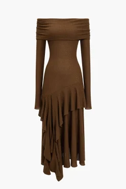 MICAS Long Sleeve Dresses|Maxi Dresses-Solid Asymmetrical Off Shoulder Maxi Dress CINNAMON