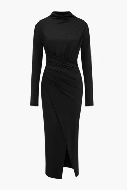 MICAS Long Sleeve Dresses|Maxi Dresses-Solid Asymmetrical Ruched Slit Long-Sleeve Maxi Dress