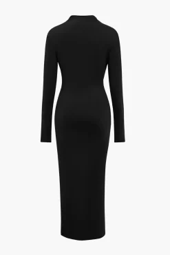 MICAS Long Sleeve Dresses|Maxi Dresses-Solid Asymmetrical Ruched Slit Long-Sleeve Maxi Dress