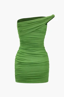 MICAS Mini Dresses-Solid Asymmetrical Ruched Mini Dress LIME