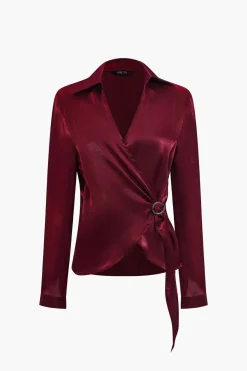 MICAS Pant Sets|Vacation Sets-Solid Asymmetrical Shirt And Trousers Set BURGUNDY