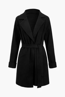 MICAS Outerwear|Outerwear-Solid Asymmetrical Tie-Up Coat BLACK