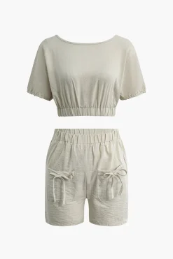 MICAS Short Sets-Solid Backless Bow Knotted Short Set KHAKI