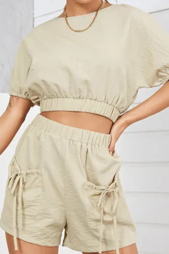 MICAS Short Sets-Solid Backless Bow Knotted Short Set KHAKI