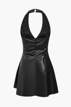 MICAS Mini Dresses-Solid Backless Halter Faux Leather Mini Dress BLACK