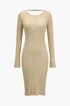 MICAS Long Sleeve Dresses|Knit Dresses-Solid Backless Knit Mini Dress KHAKI