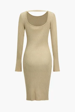 MICAS Long Sleeve Dresses|Knit Dresses-Solid Backless Knit Mini Dress KHAKI