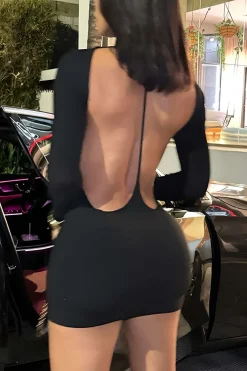 MICAS Long Sleeve Dresses|Mini Dresses-Solid Backless Long Sleeve Mini Dress BLACK