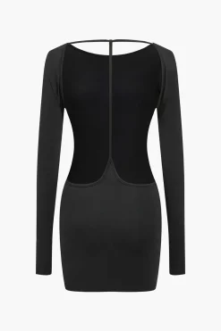 MICAS Long Sleeve Dresses|Mini Dresses-Solid Backless Long Sleeve Mini Dress BLACK