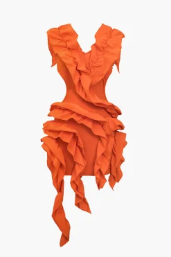 MICAS Midi Dresses-Solid Backless Pleated Ruffle Midi Dress