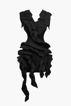 MICAS Midi Dresses-Solid Backless Pleated Ruffle Midi Dress