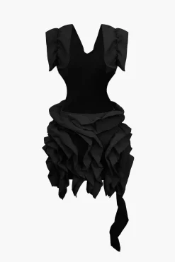 MICAS Midi Dresses-Solid Backless Pleated Ruffle Midi Dress