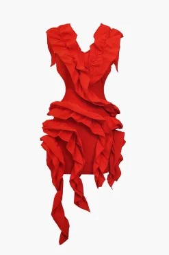 MICAS Midi Dresses-Solid Backless Pleated Ruffle Midi Dress