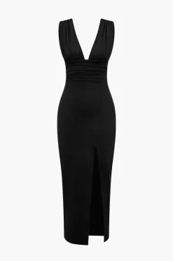 MICAS Midi Dresses-Solid Backless Ruched Slit Midi Dress