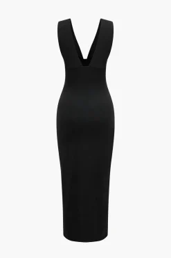 MICAS Midi Dresses-Solid Backless Ruched Slit Midi Dress
